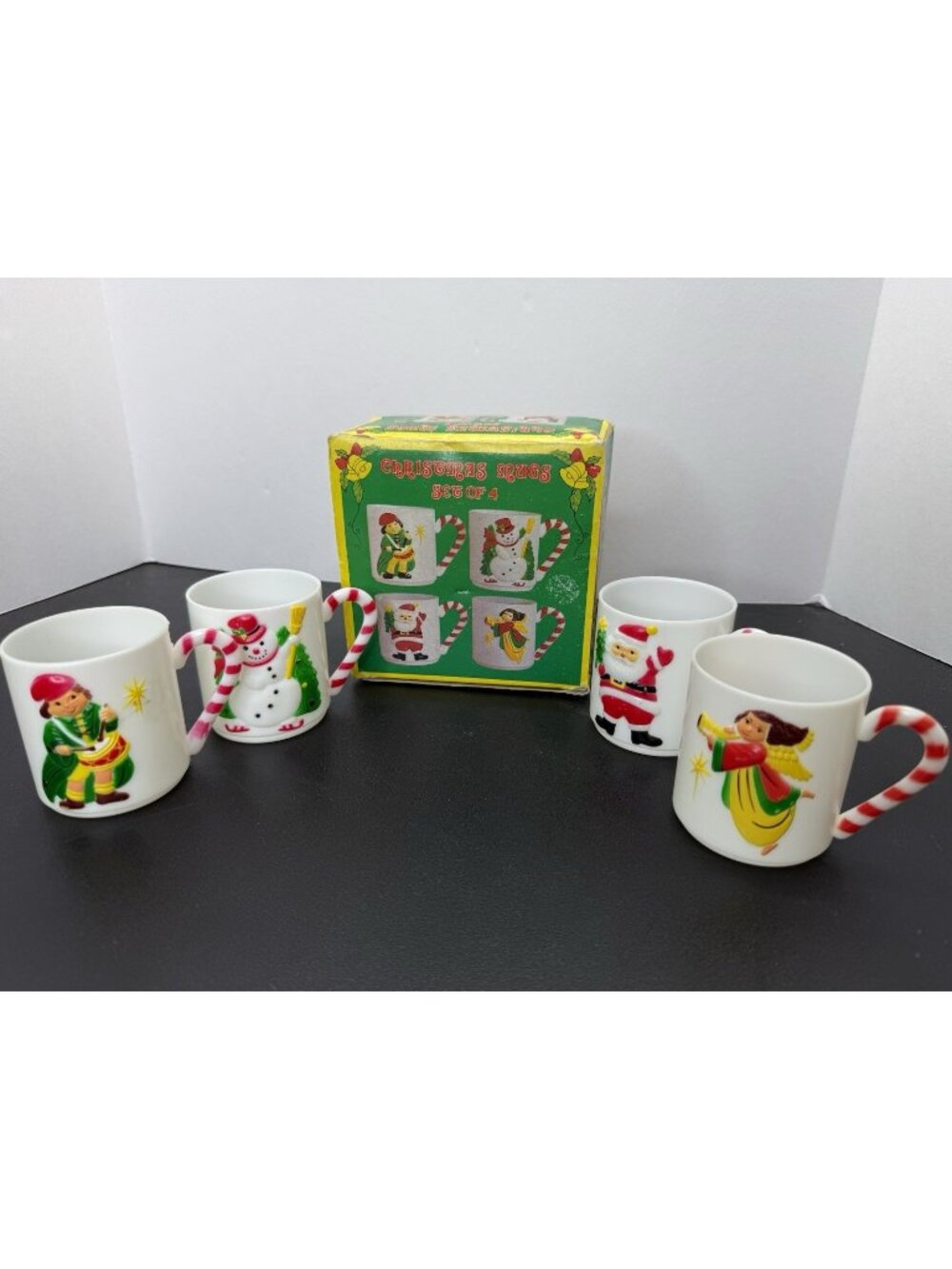Set of 4 Vintage Christmas Cups Hong Kong Plastic Snowman Angel Santa Drummer